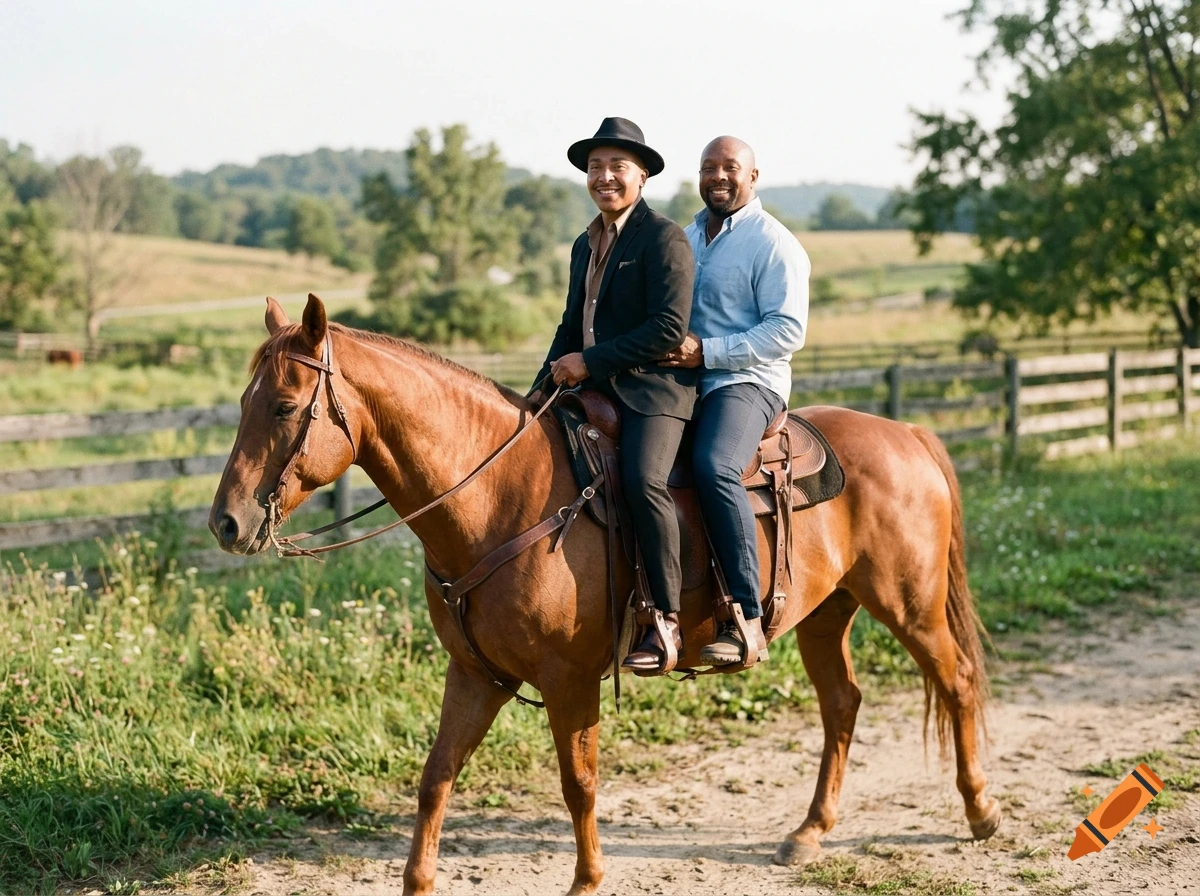 Two men riding together on a brown horse in a grassy field with a wooden fence in the background, photorealistic style.