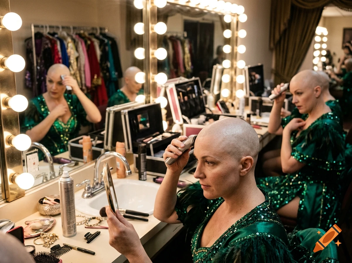 Photorealistic close-up of a showgirl with a shaved head in a Vegas dressing room, using an electric shaver.