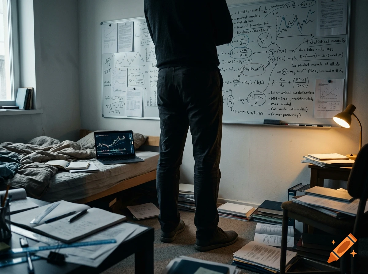 Photorealistic shot from behind of a scientist standing in a messy bedroom in front of a large whiteboard filled with equations.