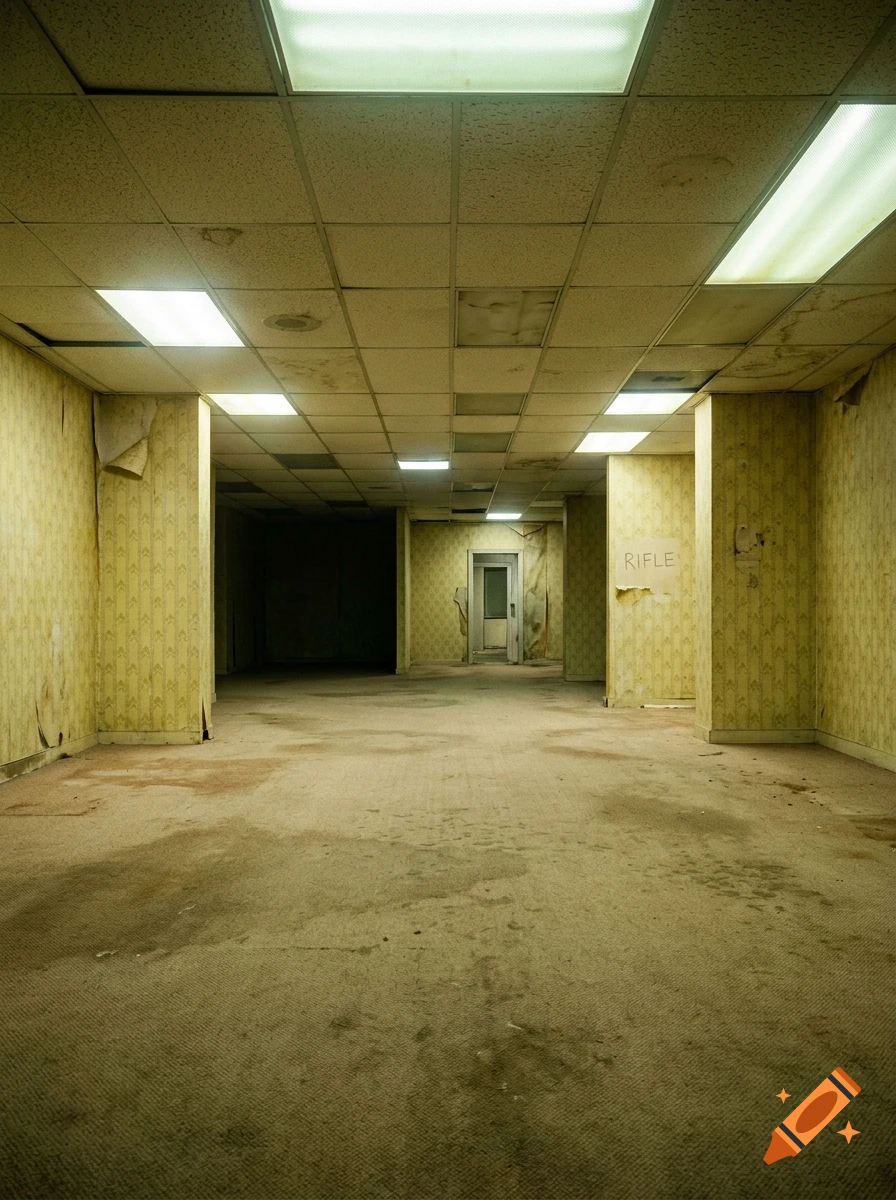 An empty, eerie backrooms office space with stained yellow wallpaper, aged ceiling tiles, and fluorescent lighting.