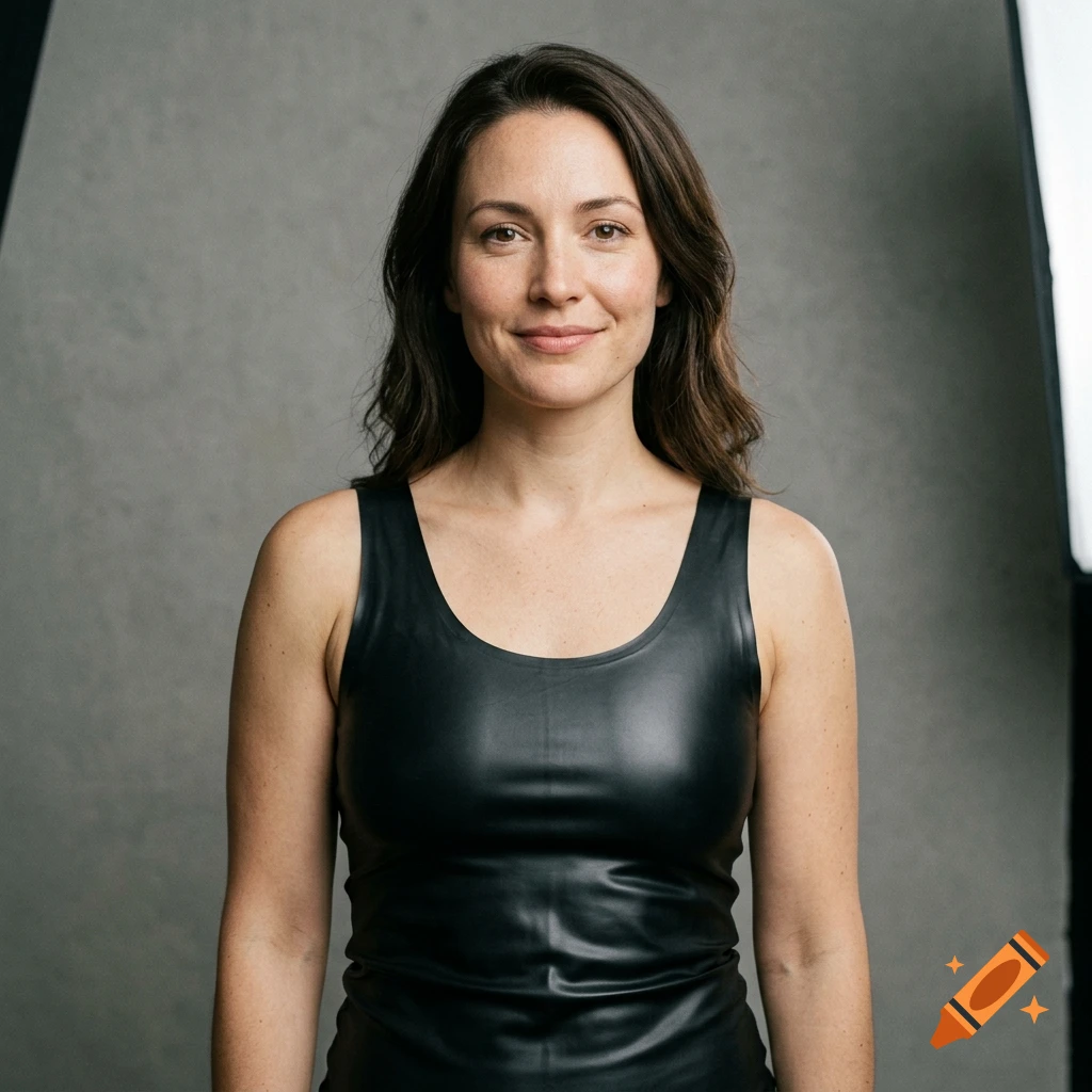 Photorealistic portrait of a smiling woman with dark hair wearing a black latex tank top against a grey studio background.
