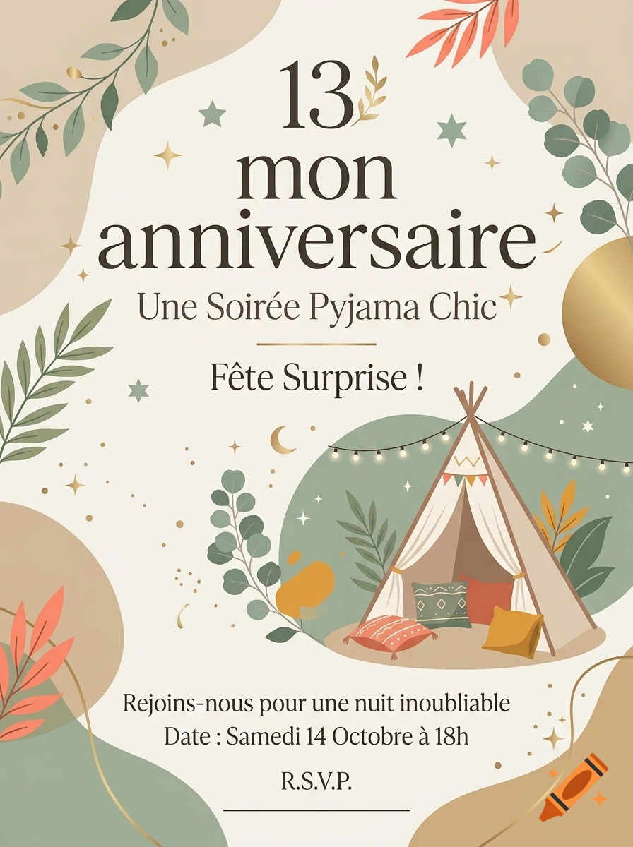 Boho chic 13th birthday party invitation with a teepee, fairy lights, foliage, and French text in beige and sage green.