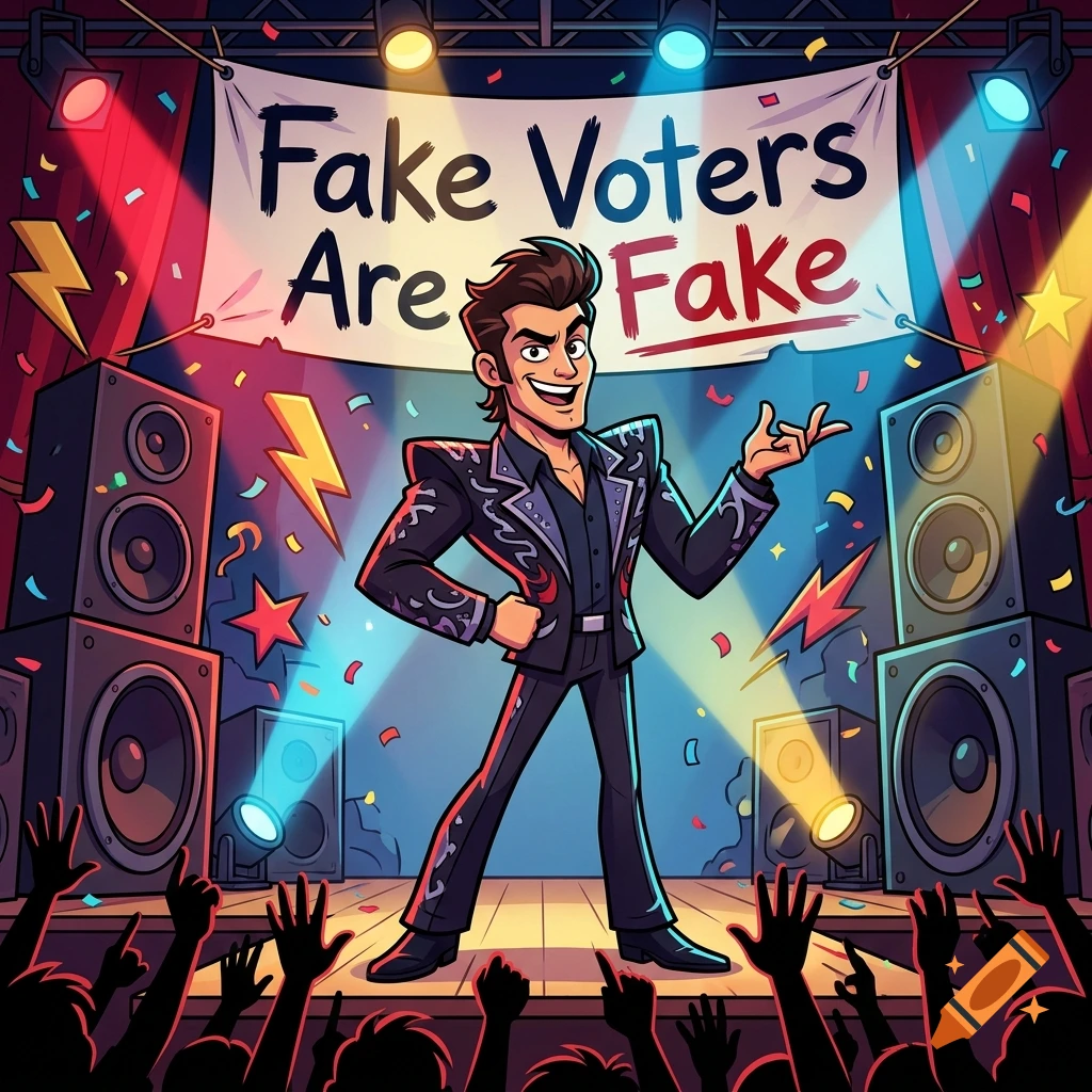 Cartoon illustration of a male rock star performing on stage beneath a banner reading 'Fake Voters Are Fake'.