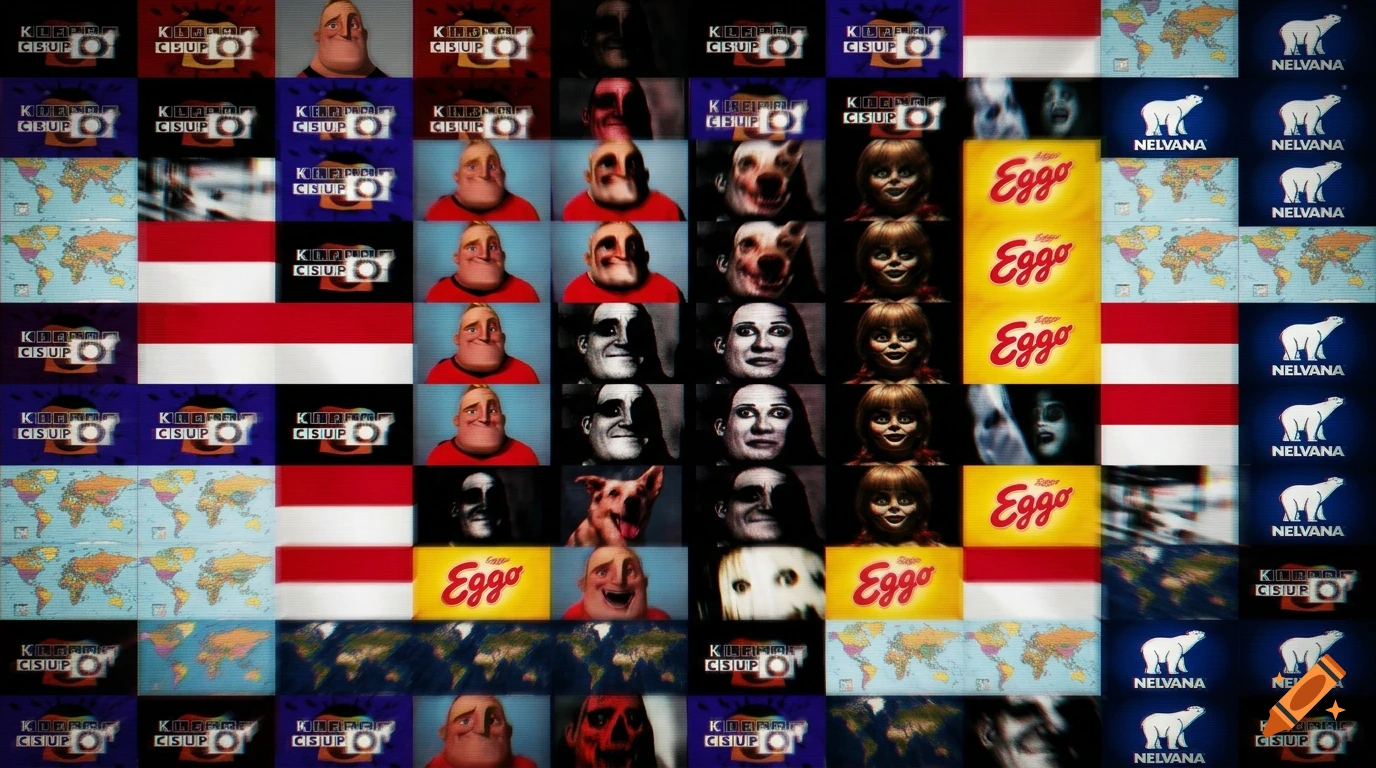 A massive grid collage featuring repeating meme imagery including Mr Incredible becoming uncanny, Klasky Csupo logos, and Eggo logos.