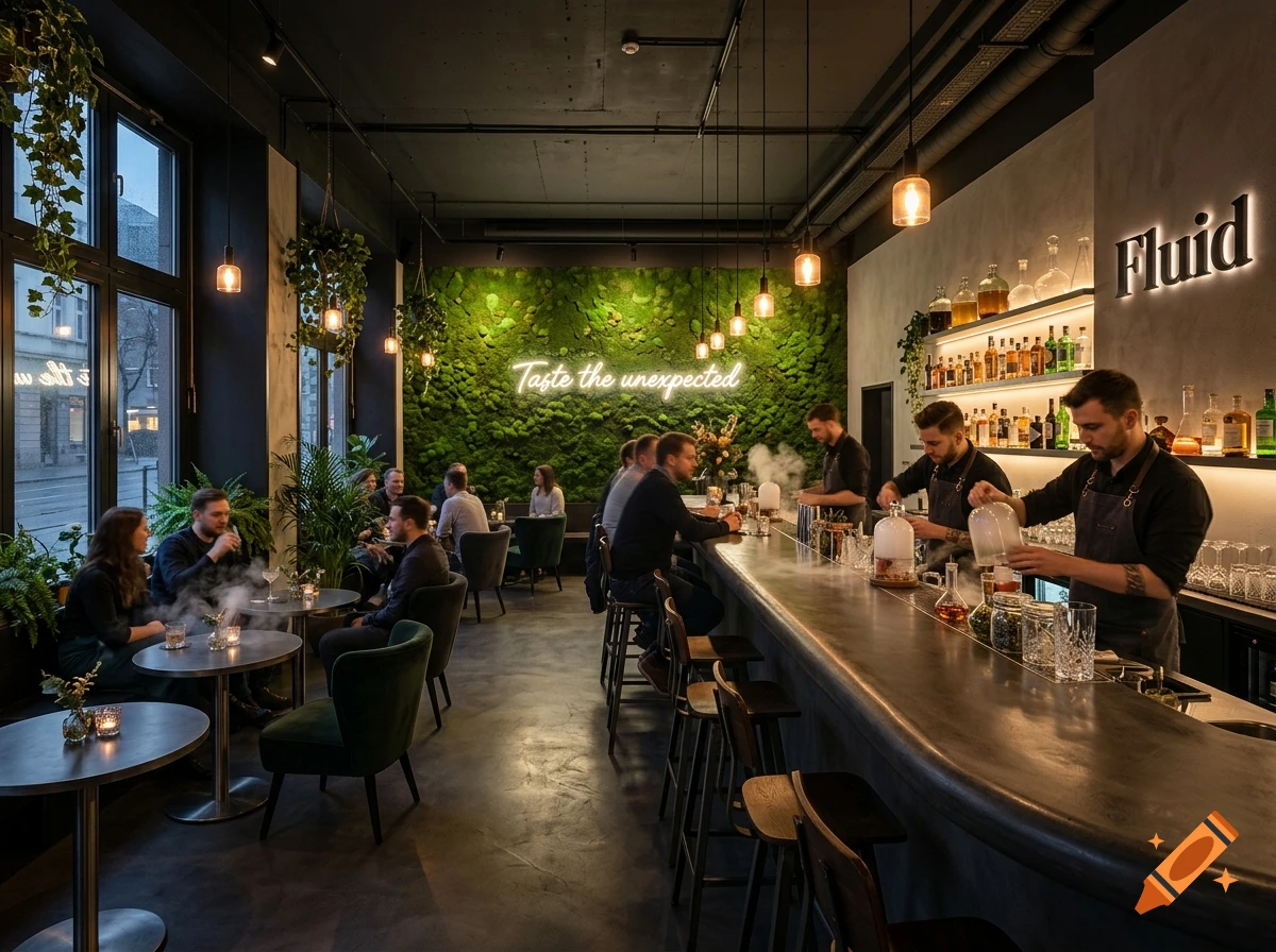 Photorealistic interior view of a modern high-end non-alcoholic cocktail bar with a dark concrete counter and a moss wall.