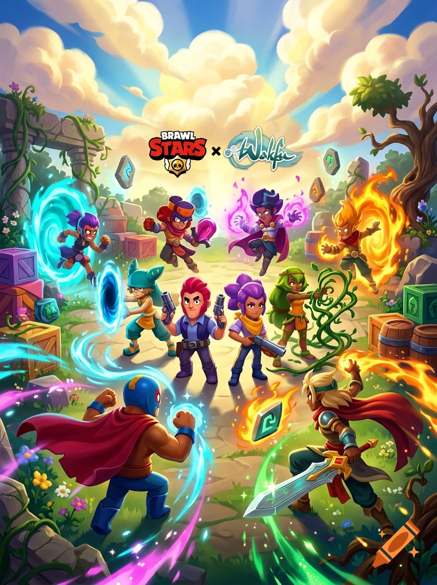 Digital illustration of a crossover between Brawl Stars and Wakfu featuring video game characters fighting in a fantasy landscape.