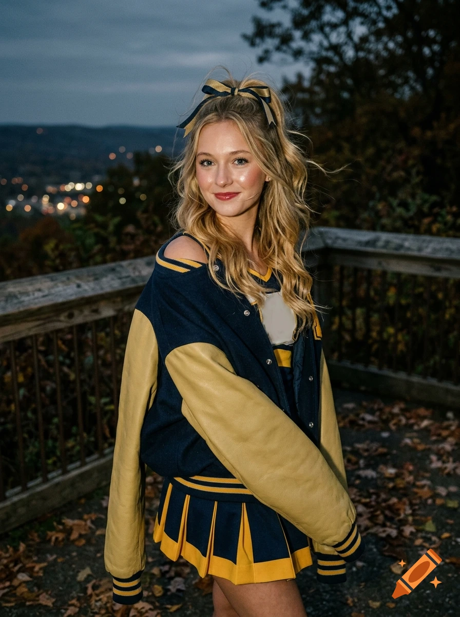 Photorealistic image of a blonde cheerleader wearing a navy and gold uniform and an oversized varsity jacket outdoors at dusk.