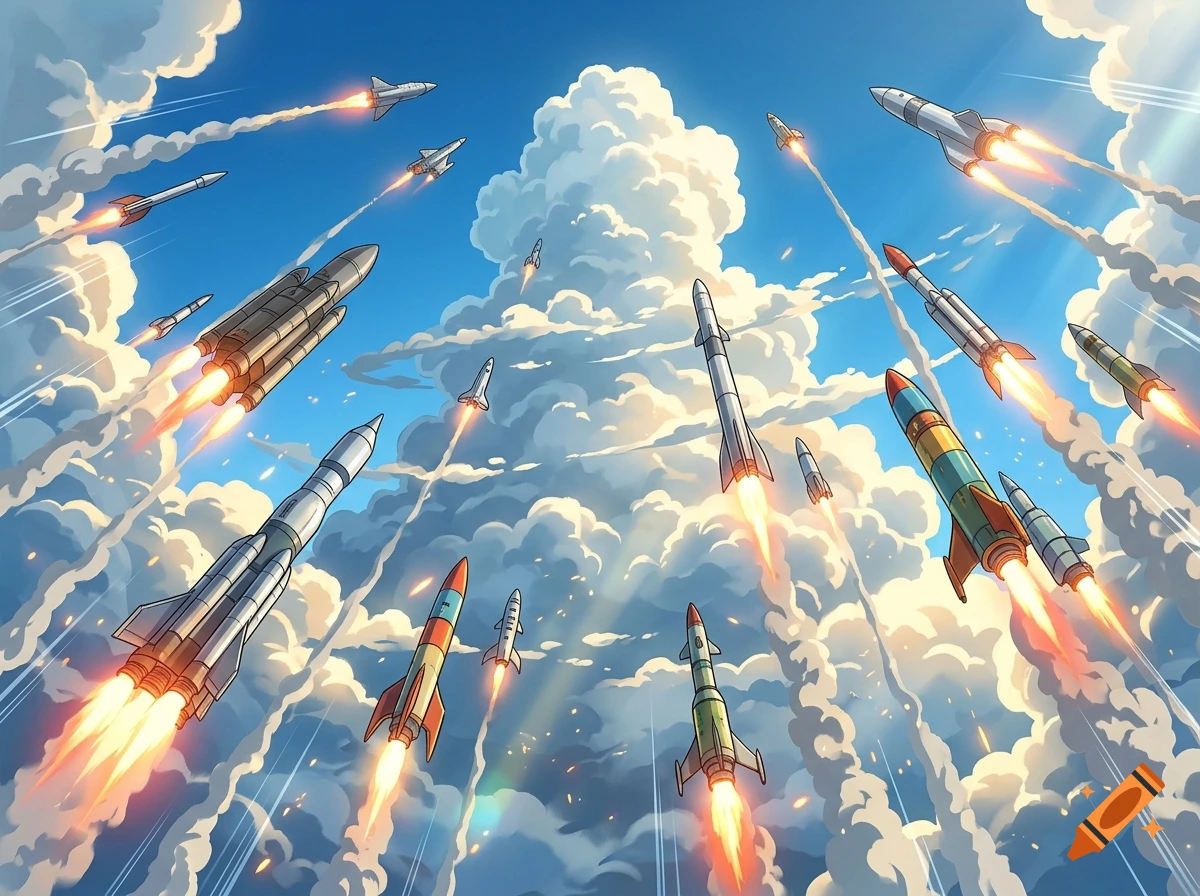 Anime style illustration of a large group of diverse rockets launching upwards into a cloudy blue sky.