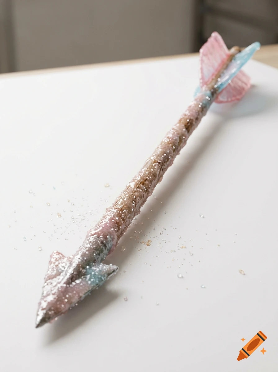 Close-up of a sugarcoated arrow lying on a white surface, photorealistic.