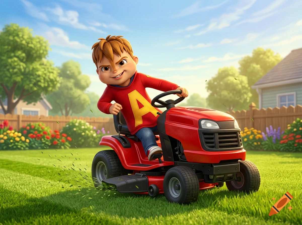 3D animated style of Alvin from Alvin and the Chipmunks driving a red lawnmower on a green lawn in a suburban yard.