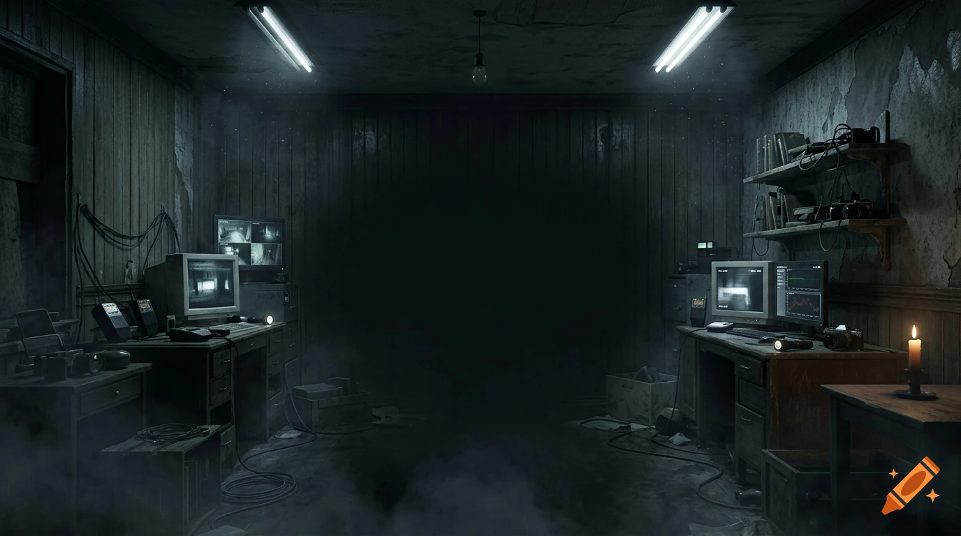Dark, eerie abandoned room with computer monitors, fog, and a candle, styled for a gaming stream background.