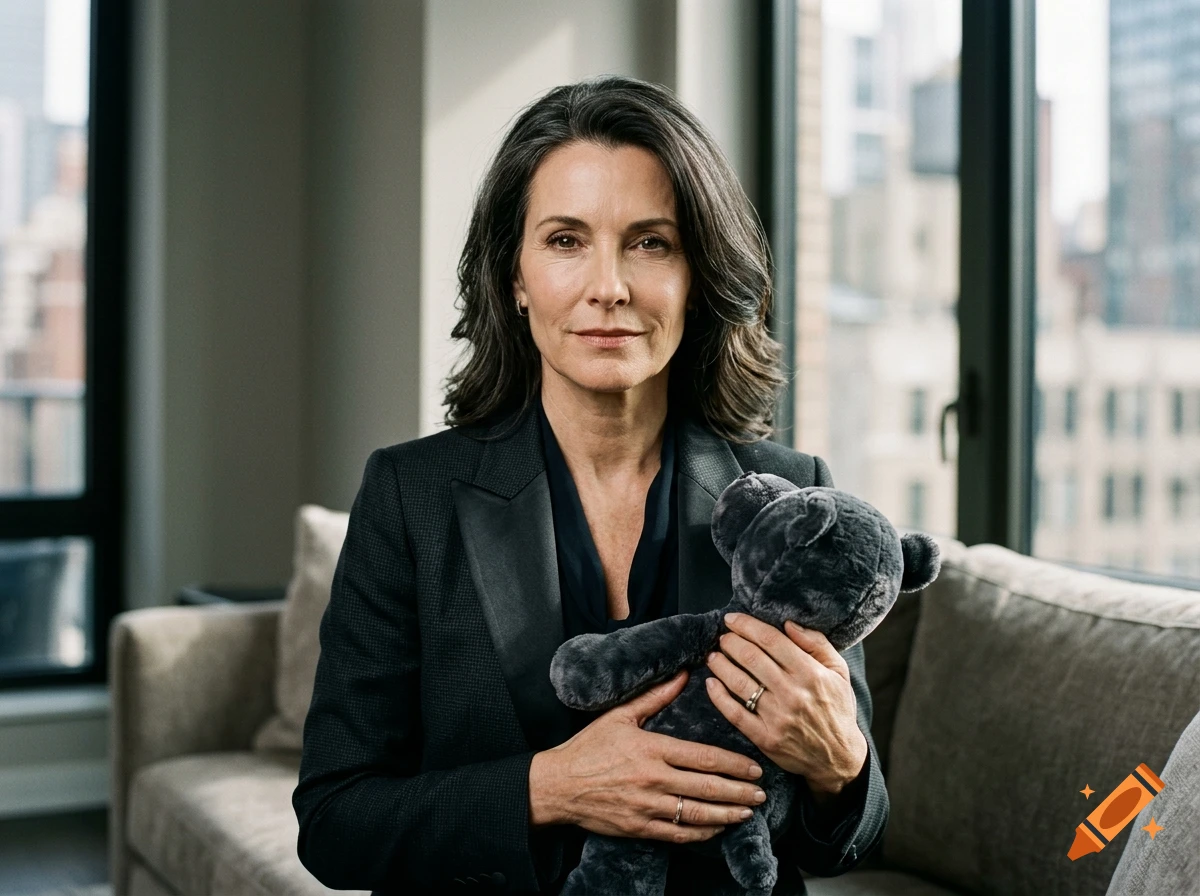 Photorealistic portrait of a middle-aged woman with dark hair holding a dark grey stuffed bear in a living room.