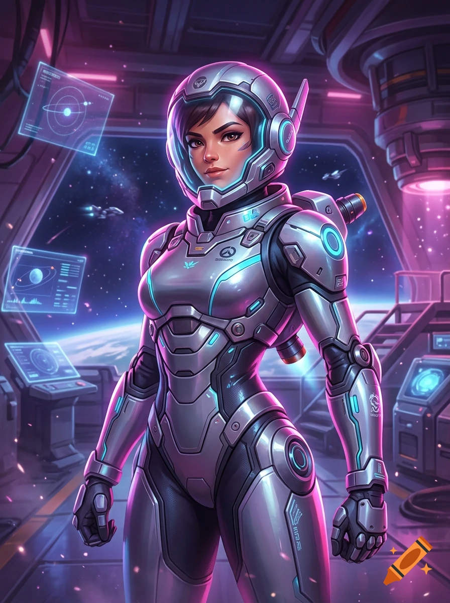 A female astronaut wearing a futuristic silver and blue space suit stands inside a spaceship interior with holographic displays and a view of outer space.