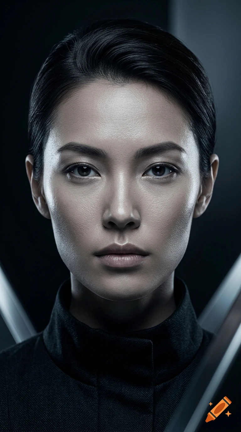 Close-up vertical photorealistic portrait of a stoic young woman with dark hair against a minimalist dark background.
