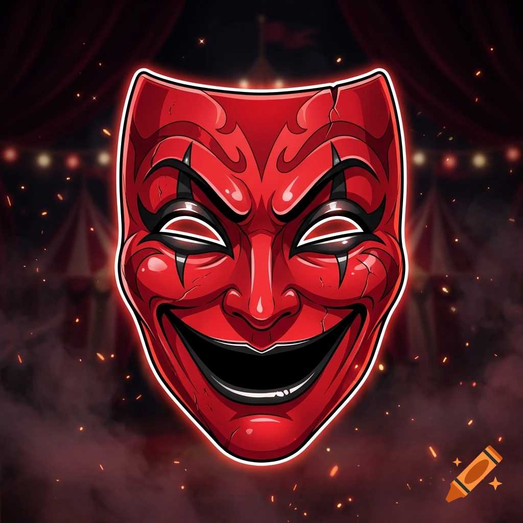 A stylized red circus mask with a wide black smile and glowing eyes, set against a dark carnival background.