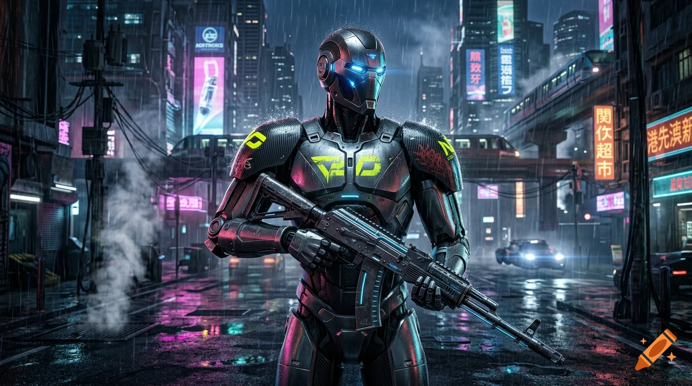 Cinematic wide shot of a dark-metallic humanoid robot soldier holding a tactical rifle on a wet neon-lit cyberpunk street at night.