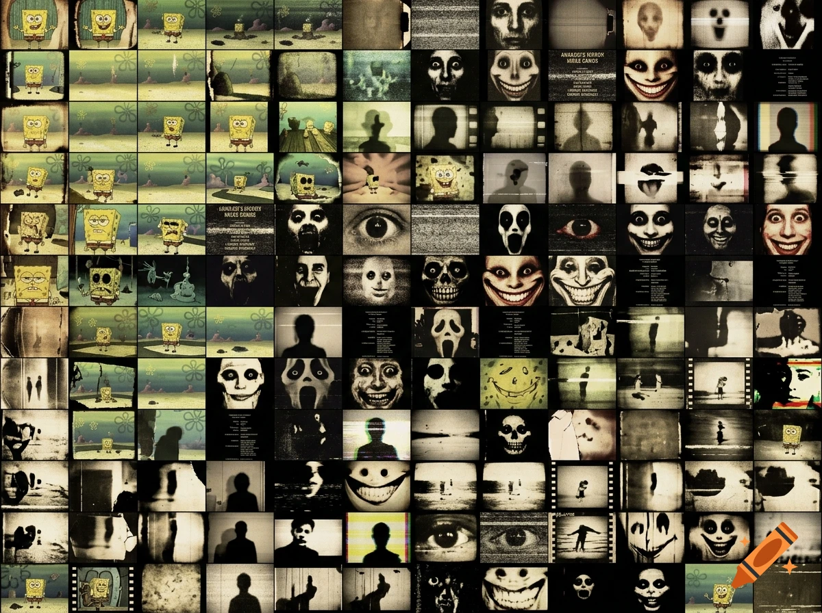 A collage grid containing various analog horror scenes, creepy faces, end credits, and distorted old video frames.