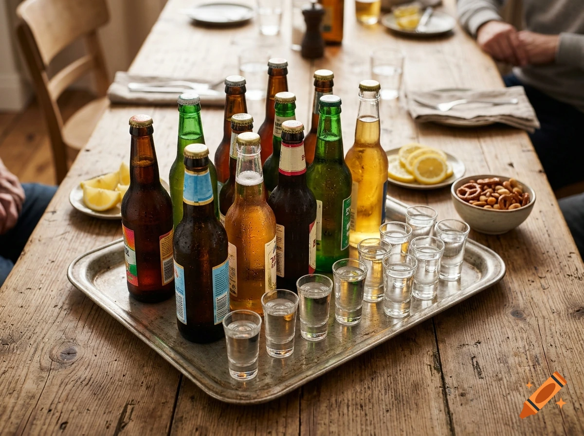 Photorealistic image of a wooden table with a tray full of beer bottles and small shot glasses, surrounded by lemon slices and pretzels.