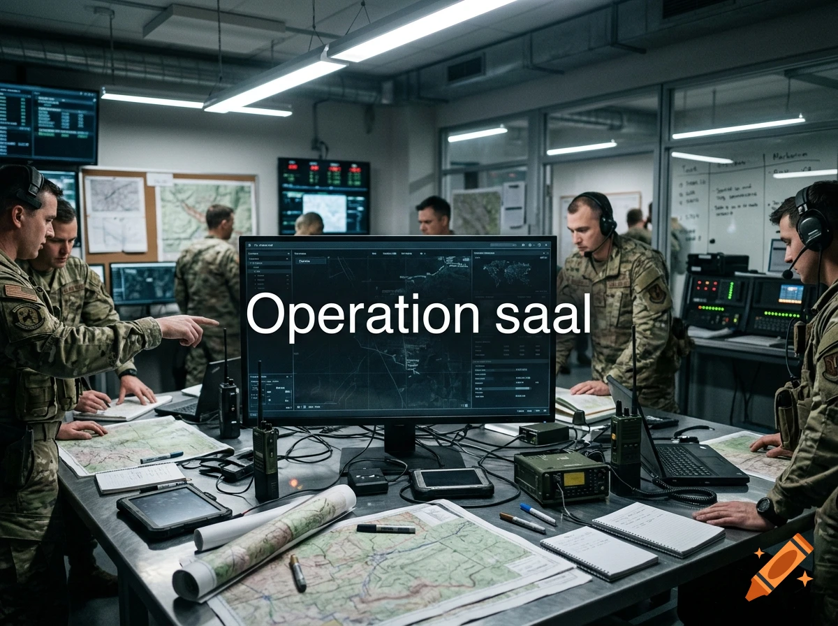 Several military personnel in camouflage uniforms collaborating in a tactical operations room with computers and maps on desks.