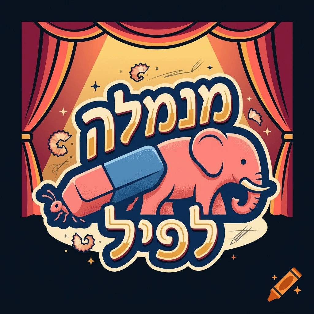 An illustration featuring a pink elephant pulling a large pencil eraser with an ant, surrounded by stage curtains, Hebrew lettering, and pencil shavings.