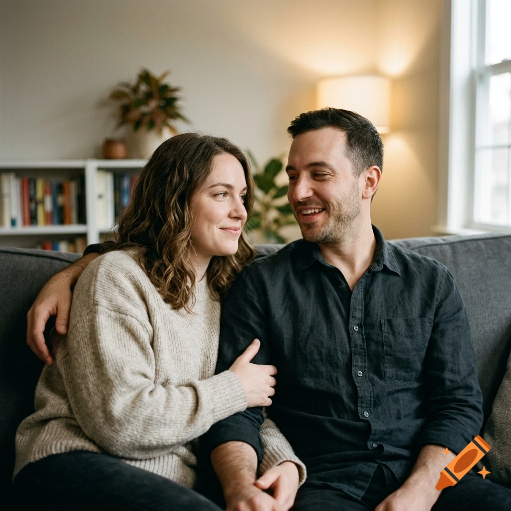 Photorealistic portrait of a young couple sitting on a gray couch, smiling and holding hands in a living room.