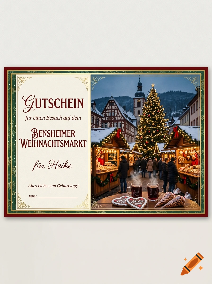 Gift voucher design for a Christmas market visit featuring text on the left and a festive snowy market scene on the right.