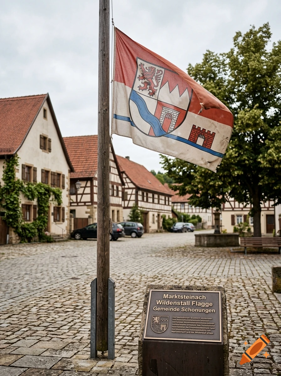 A flag with a coat of arms in front of traditional German half-timbered houses and a cobblestone street, photorealistic.