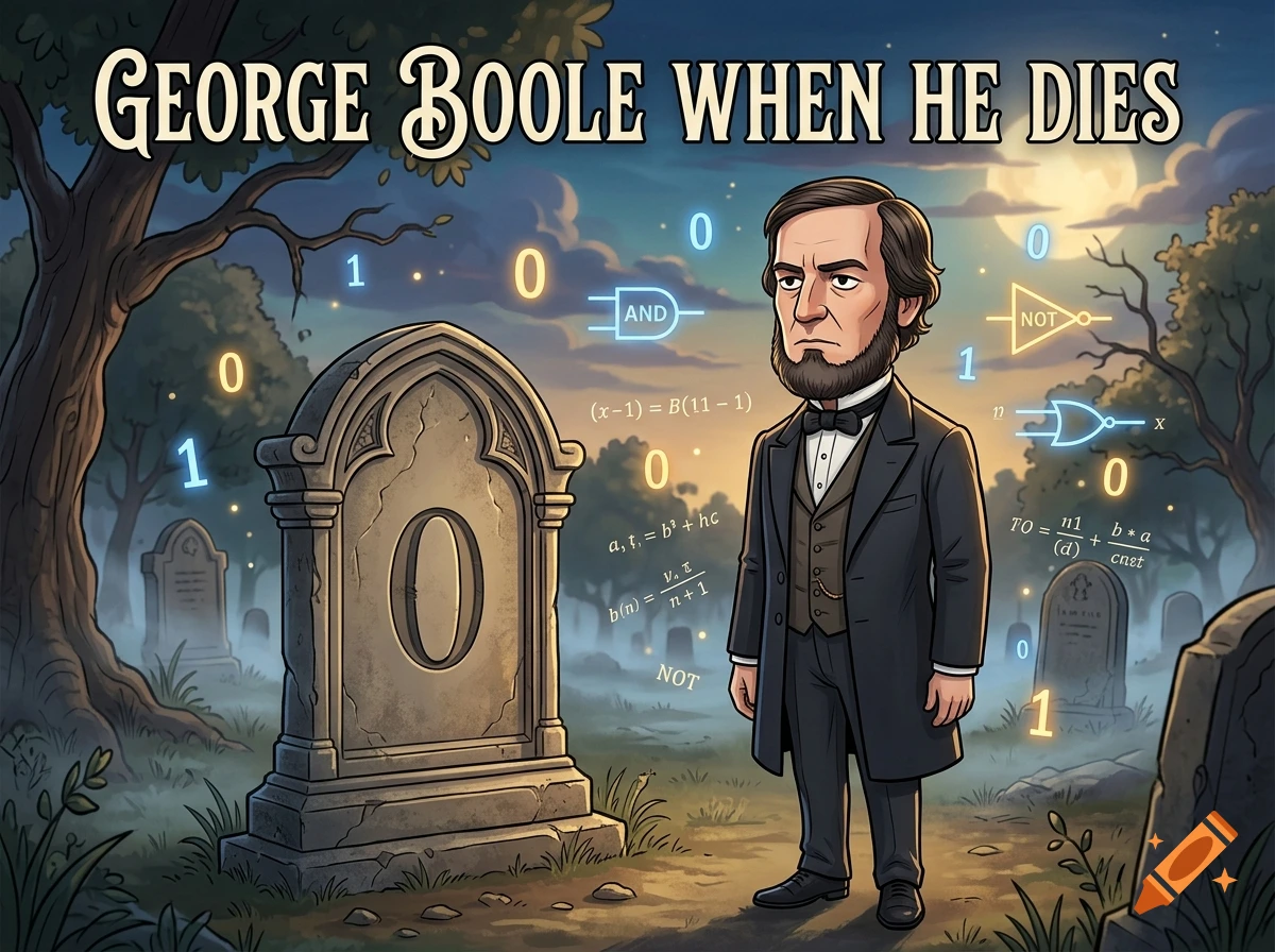 Cartoon illustration of George Boole standing in a graveyard next to a tombstone marked with a zero, beneath the text George Boole When He Dies.
