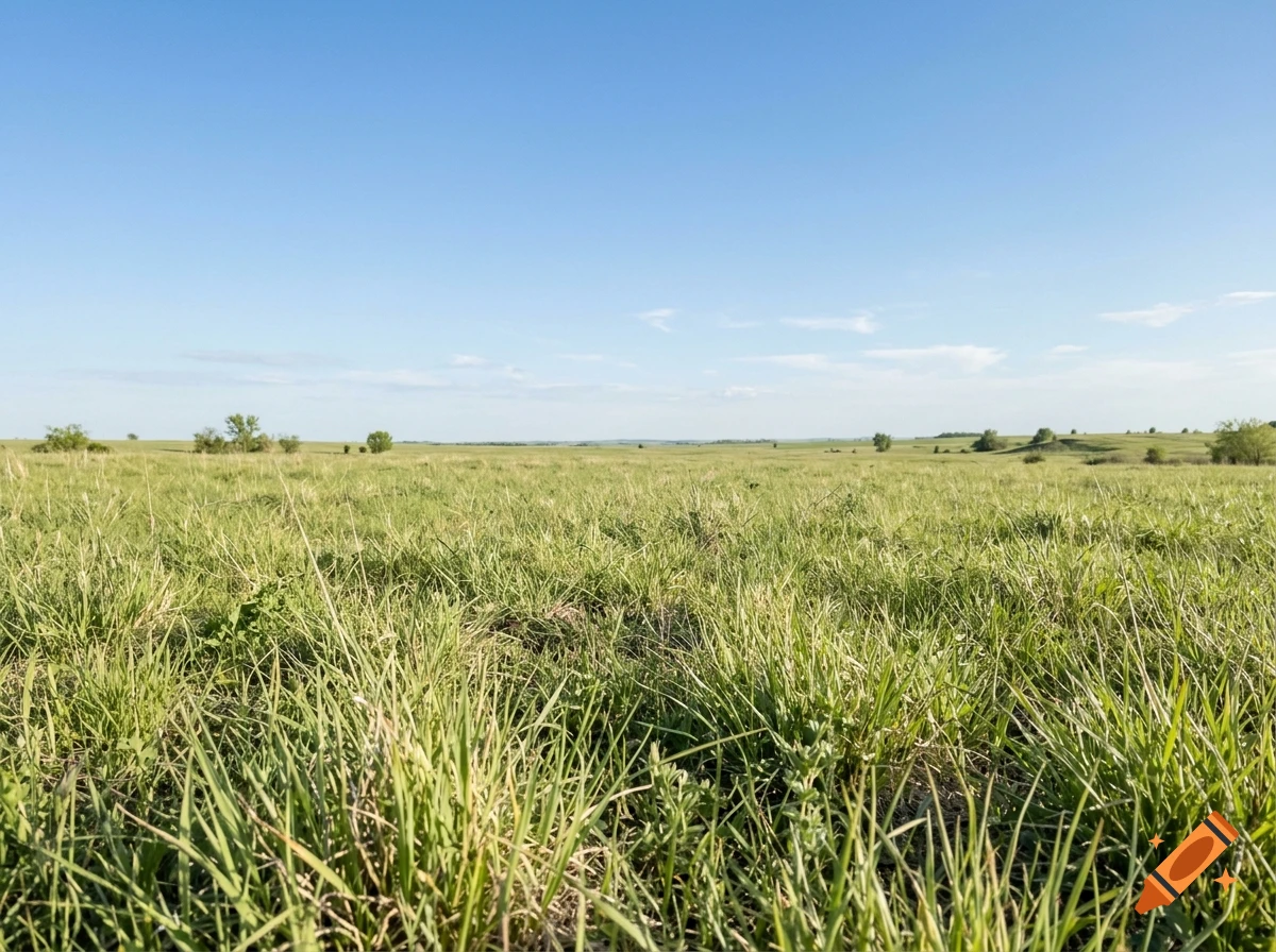 photograph of a vast field of light green grass under a clear blue sky