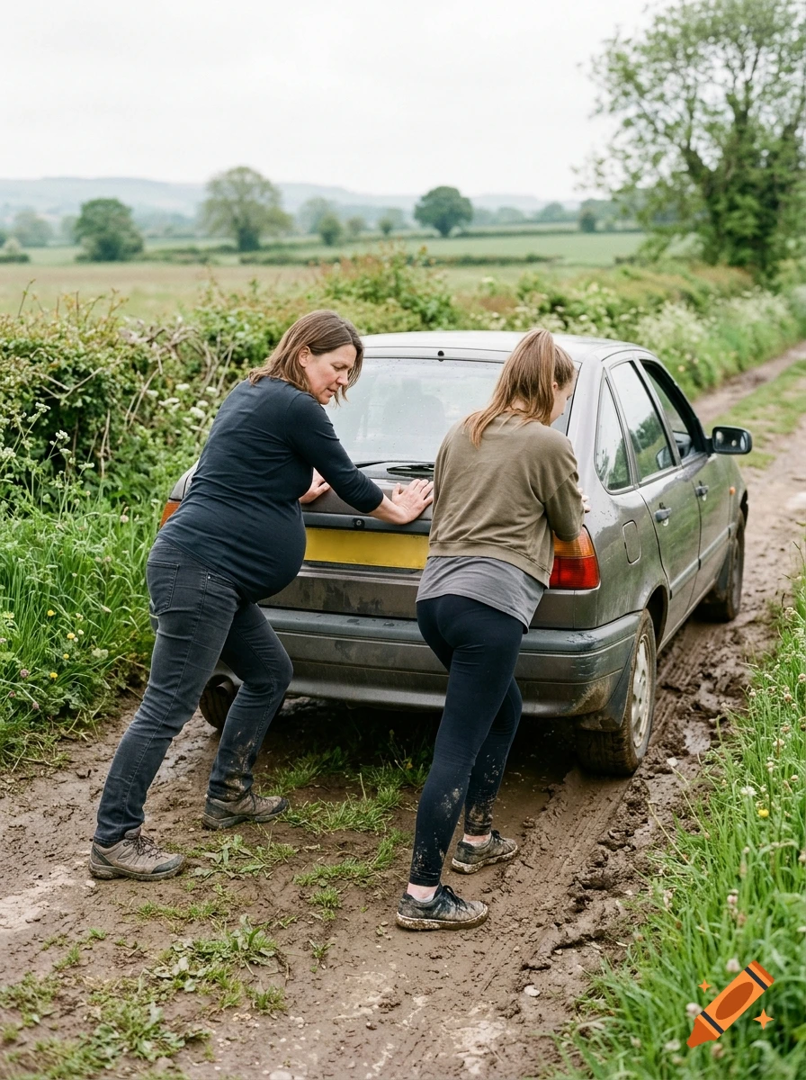 Two women pushing a stranded grey car out of mud on a rural dirt road.