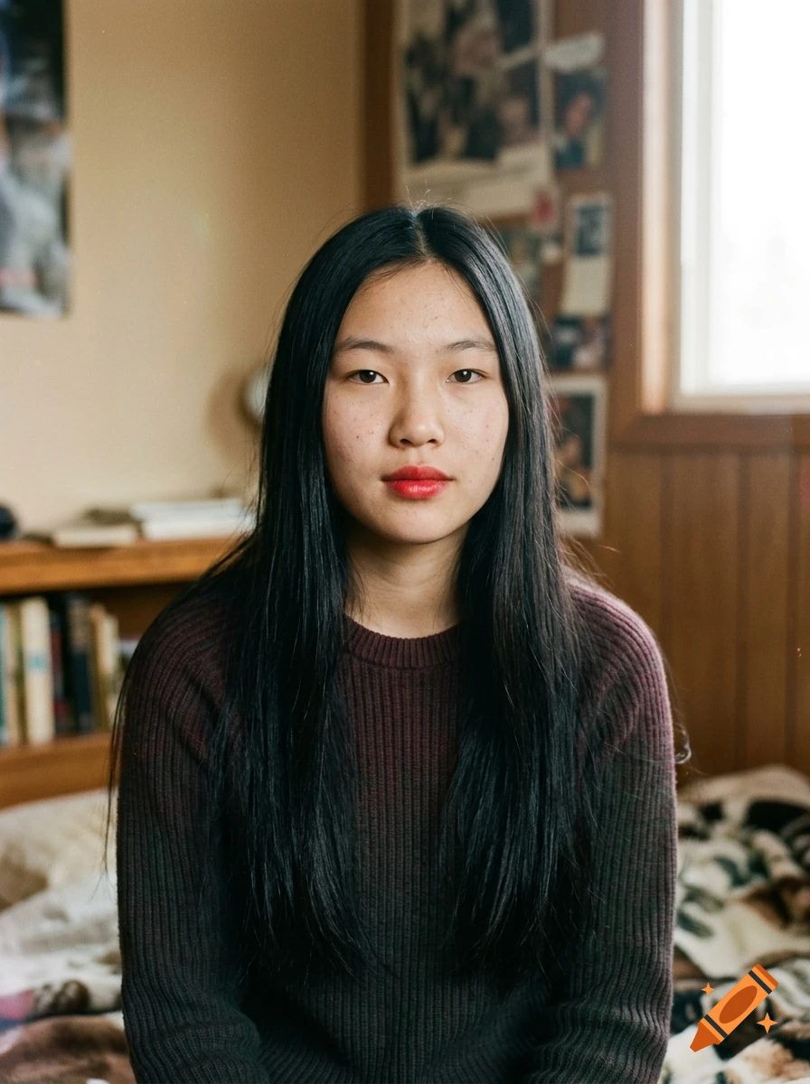 Vintage style photograph of a teenage girl with long black hair, wearing a dark sweater in a bedroom setting.