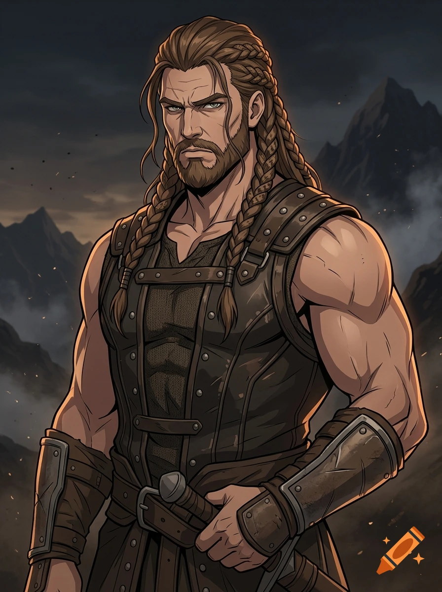 Anime style illustration of a muscular warrior with long braided brown hair and a short beard, wearing leather armor against a mountainous background.