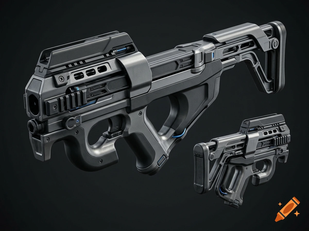 3D rendering of a futuristic sci-fi assault rifle with a sleek black and dark metallic design, shown from multiple angles against a dark background.