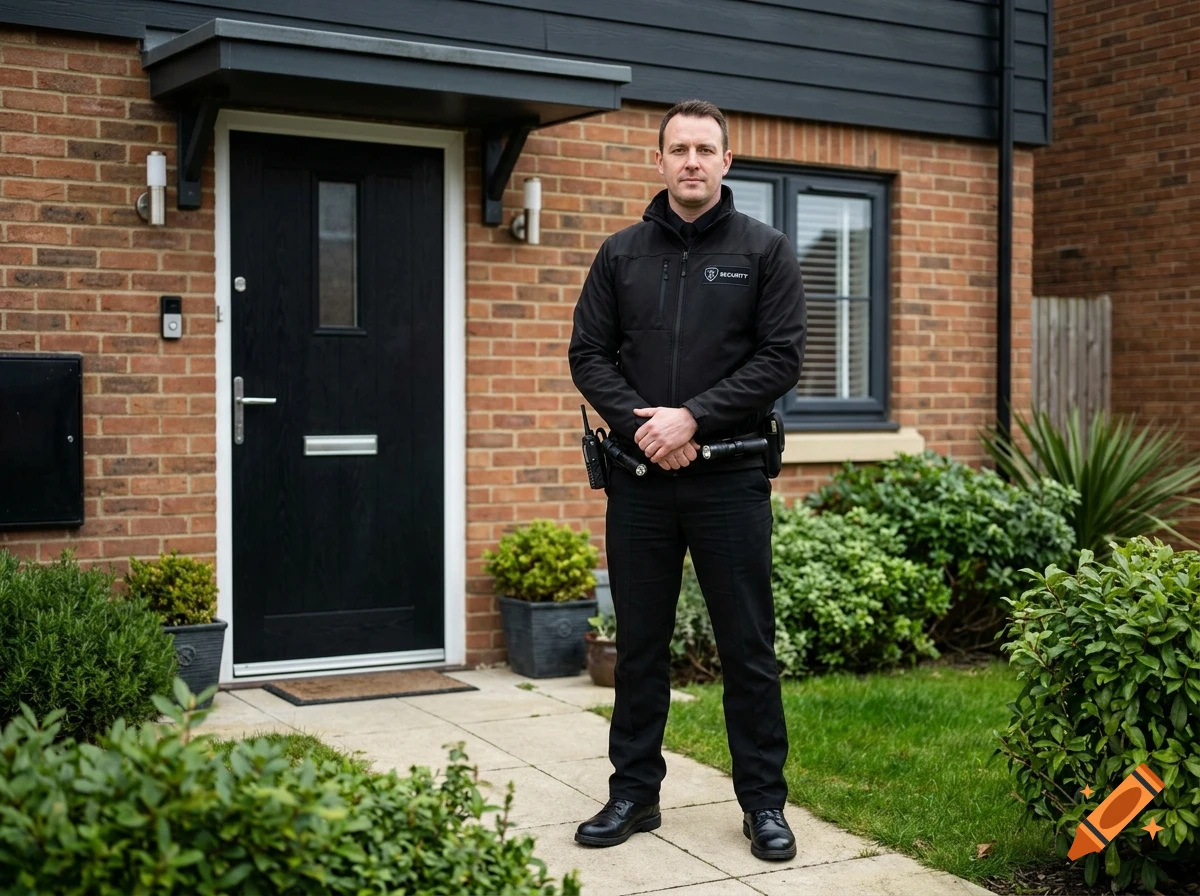 Photorealistic image of a man in a black security uniform standing outside a modern brick house.