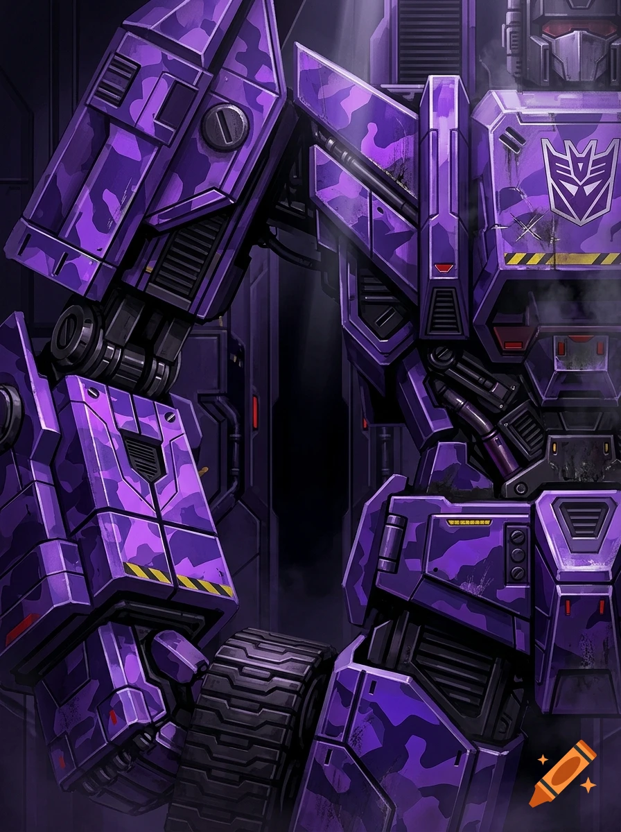 Close-up digital illustration of a purple and black mechanical mech with armor plating and a Decepticon insignia.