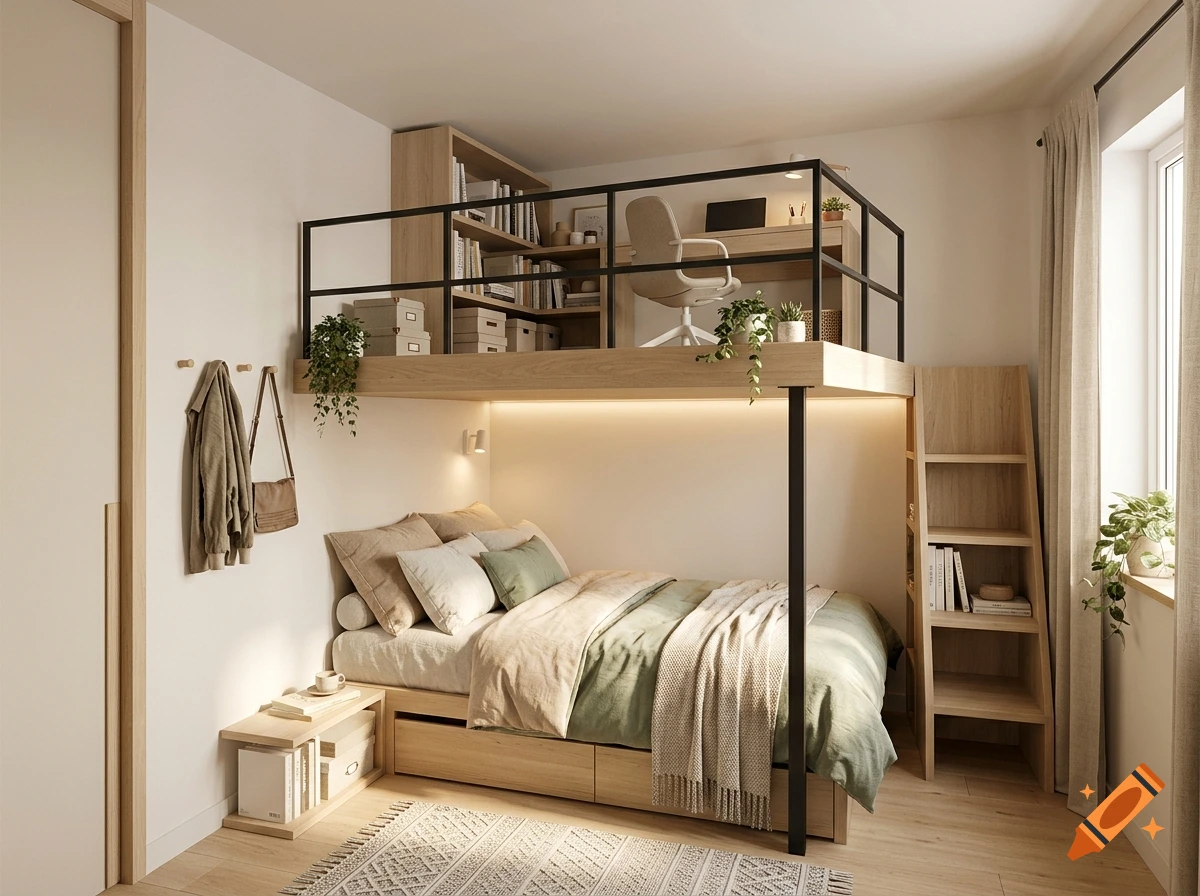 Photorealistic cozy small bedroom with a loft bed, desk above, wooden shelving, and neutral tones.