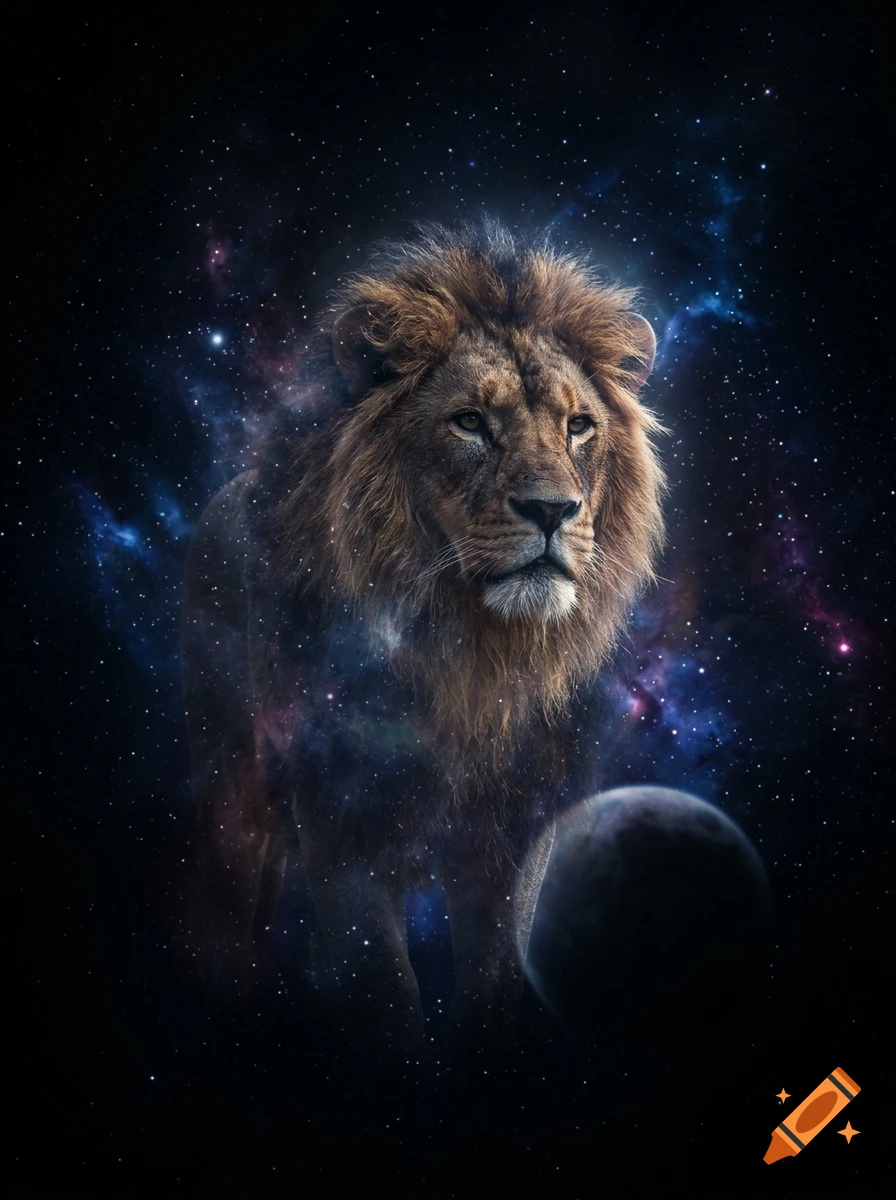 Majestic lion with a mane blending into a cosmic space nebula filled with stars and a planet.