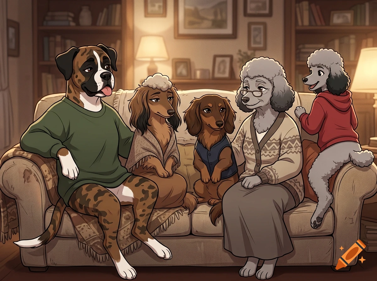 An illustrated scene of five anthropomorphic dogs sitting together on a living room sofa, styled like a cozy cartoon.