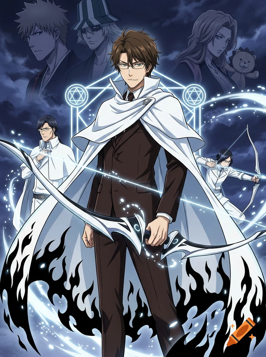 Anime style illustration of a brown-haired man in a brown suit and white cloak with black flames, holding a bow, surrounded by other characters.