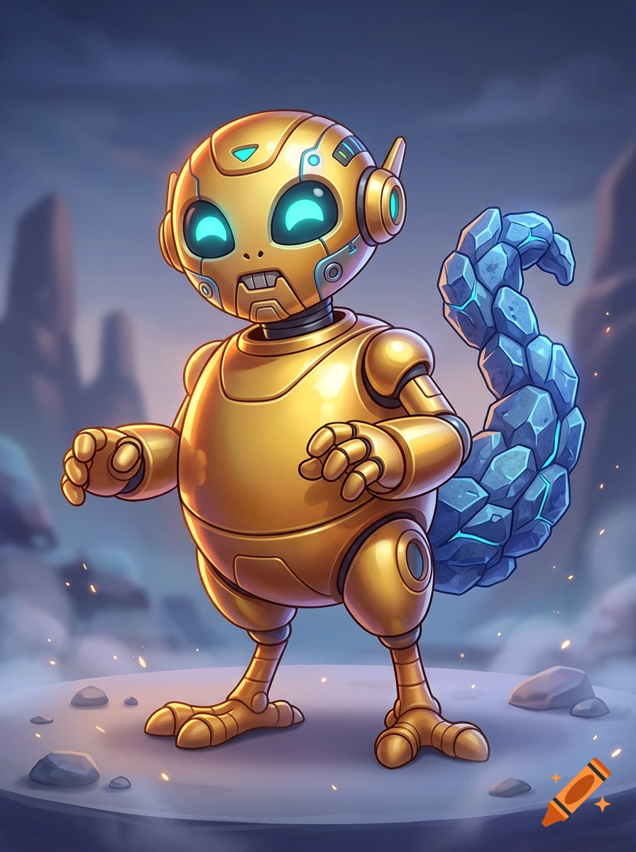 Digital illustration of a cute golden robot with an alien head, chicken legs, and a blue rock tail standing on a metal platform.