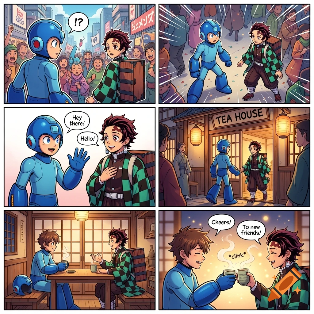 Six-panel comic strip showing Mega Man and Tanjiro meeting in a city, talking, and drinking tea in a tea house in anime style.