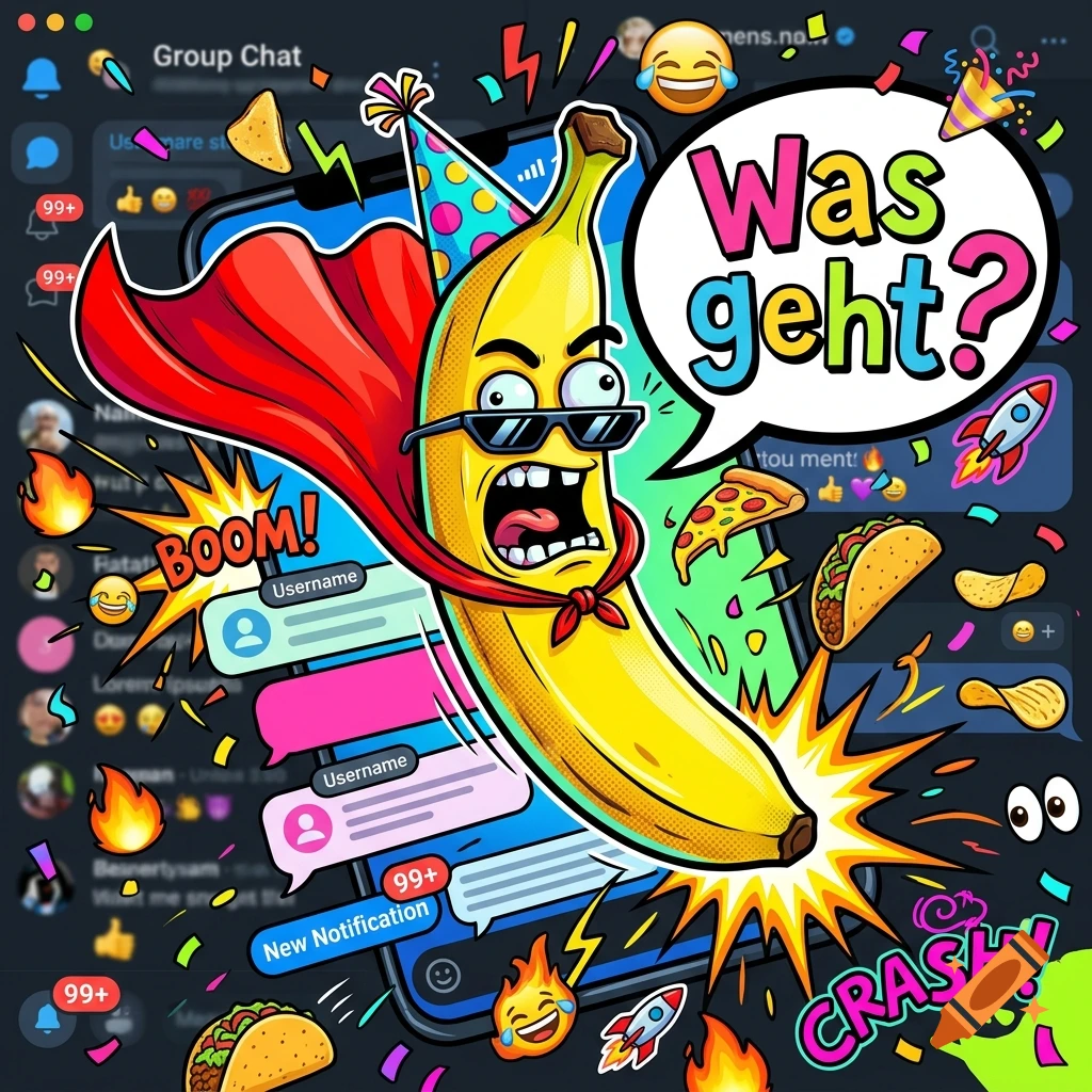 A wacky cartoon banana wearing a cape and party hat bursting out of a smartphone screen with the text Was geht and Crash