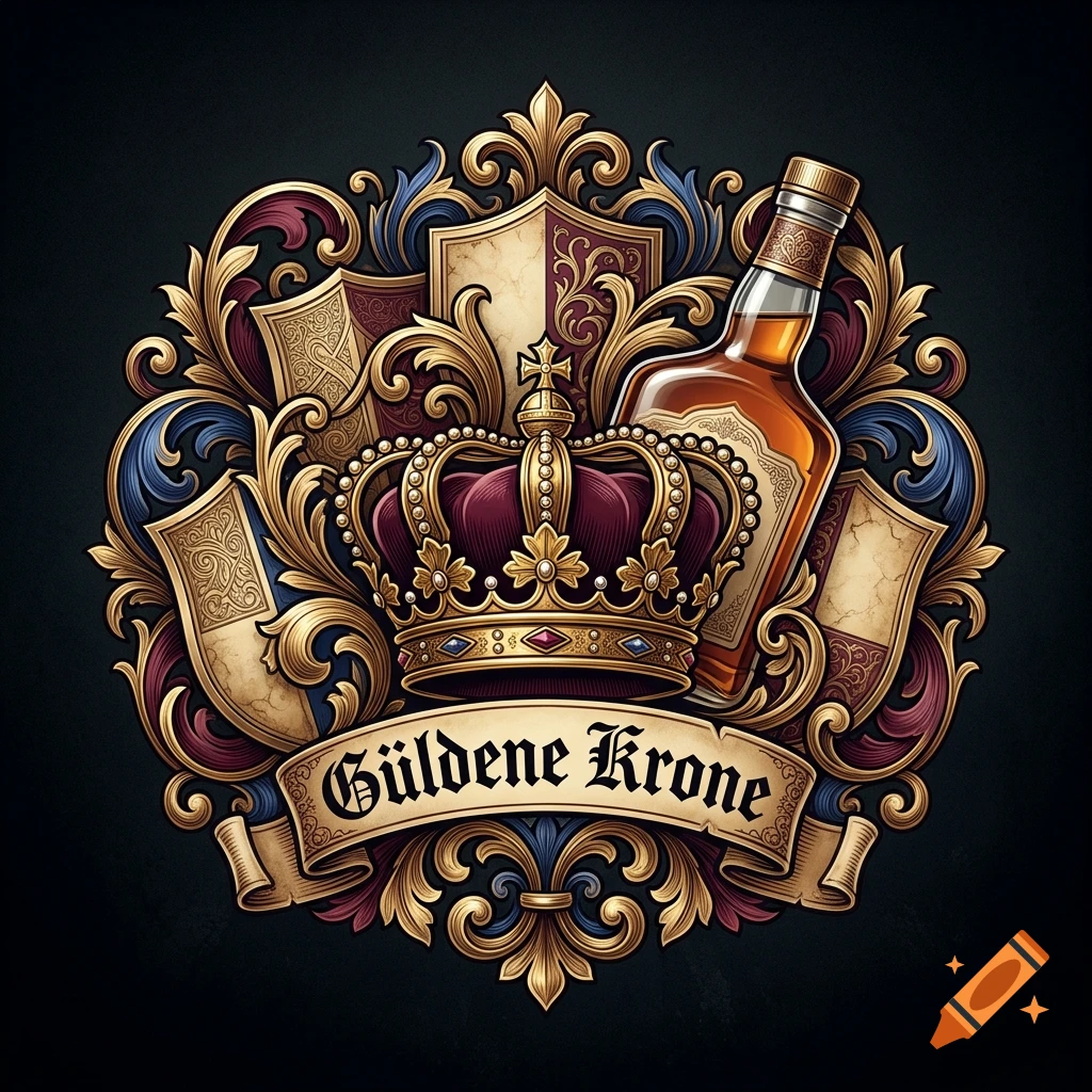 Detailed vector coat of arms with a royal crown, whiskey bottle, and a banner reading Güldene Krone.