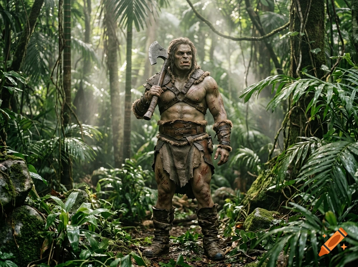 Photorealistic half-orc barbarian holding an axe, standing in a lush tropical jungle.