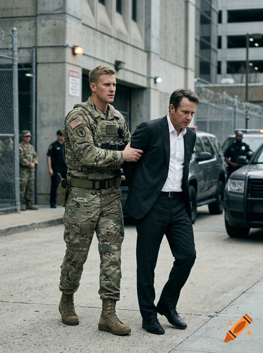 Photorealistic image of a blond soldier in tactical gear escorting a handcuffed man in a suit.