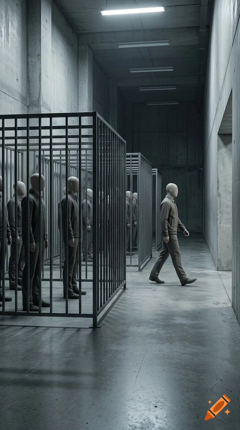 A mannequin walking in a long concrete corridor past metal cages containing other mannequins.