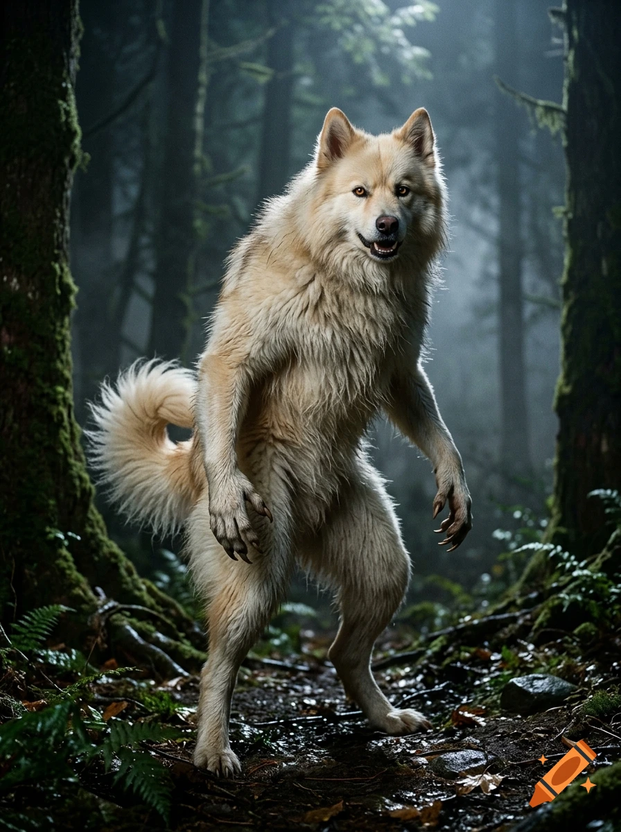 A bipedal werewolf creature with thick cream-colored fur stands on a dirt path in a dense, misty forest.