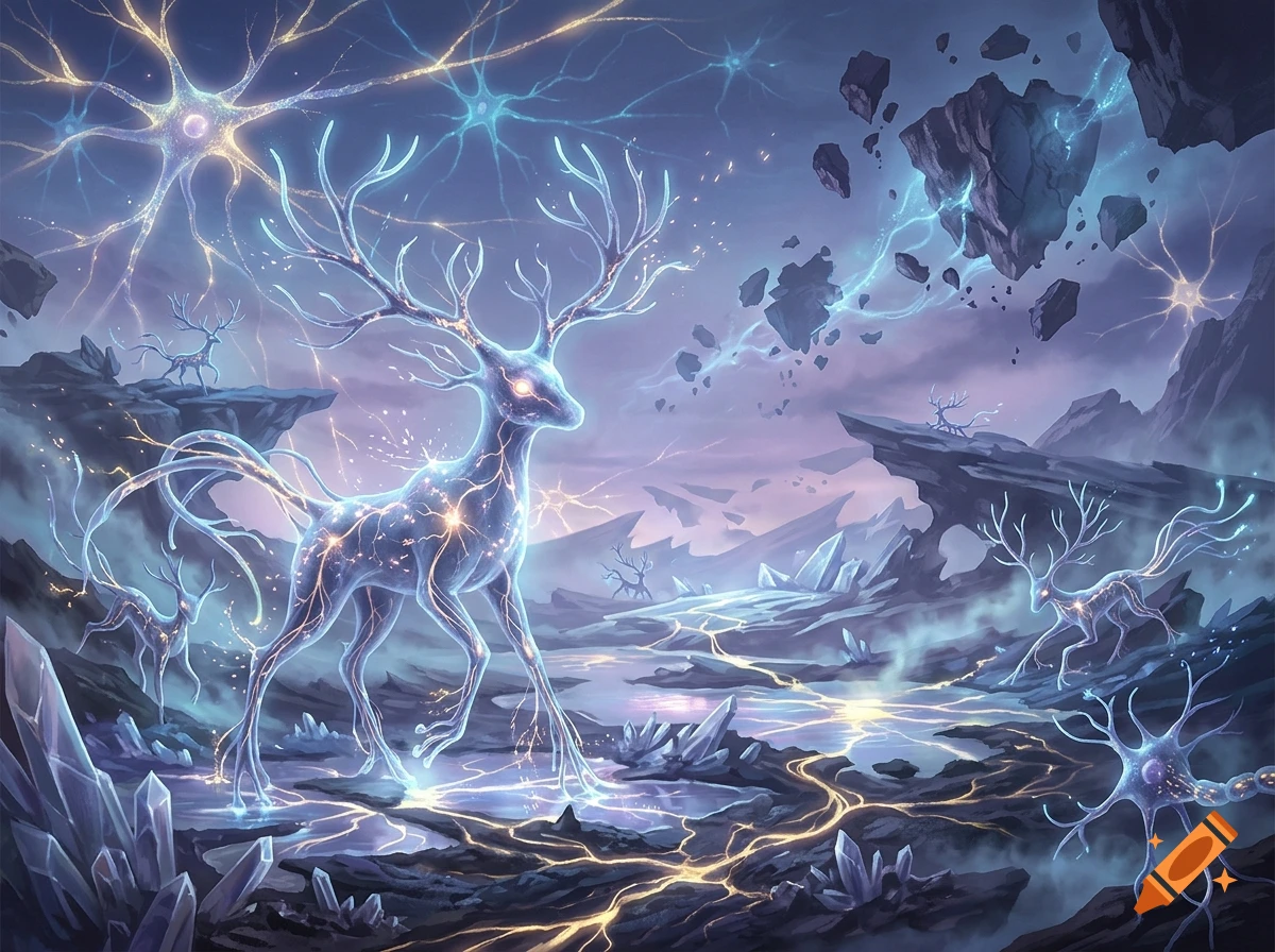 Fantasy landscape with glowing deer-like creatures formed from neuron structures and floating rocks, digital art style.