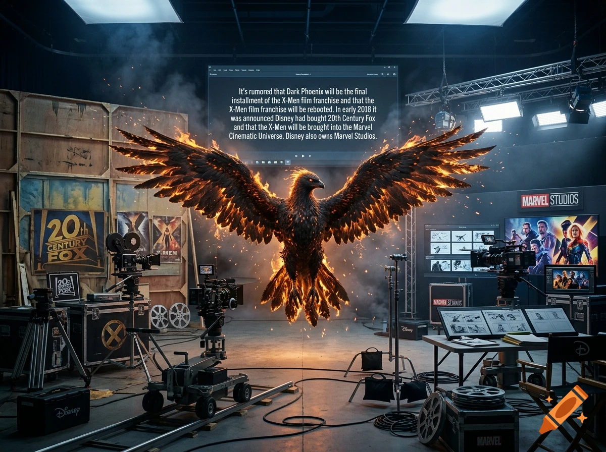 A fiery phoenix bird floating inside a movie studio surrounded by film equipment, screens, and Marvel and 20th Century Fox logos.
