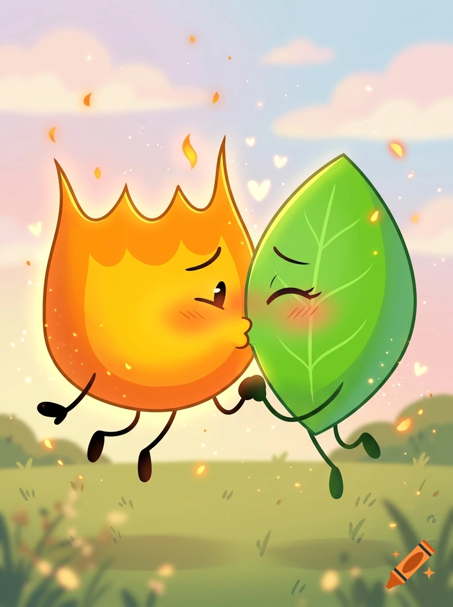 Digital cartoon illustration of Firey and Leafy from BFDI kissing and holding hands in a grassy field under a pastel sky with floating hearts.
